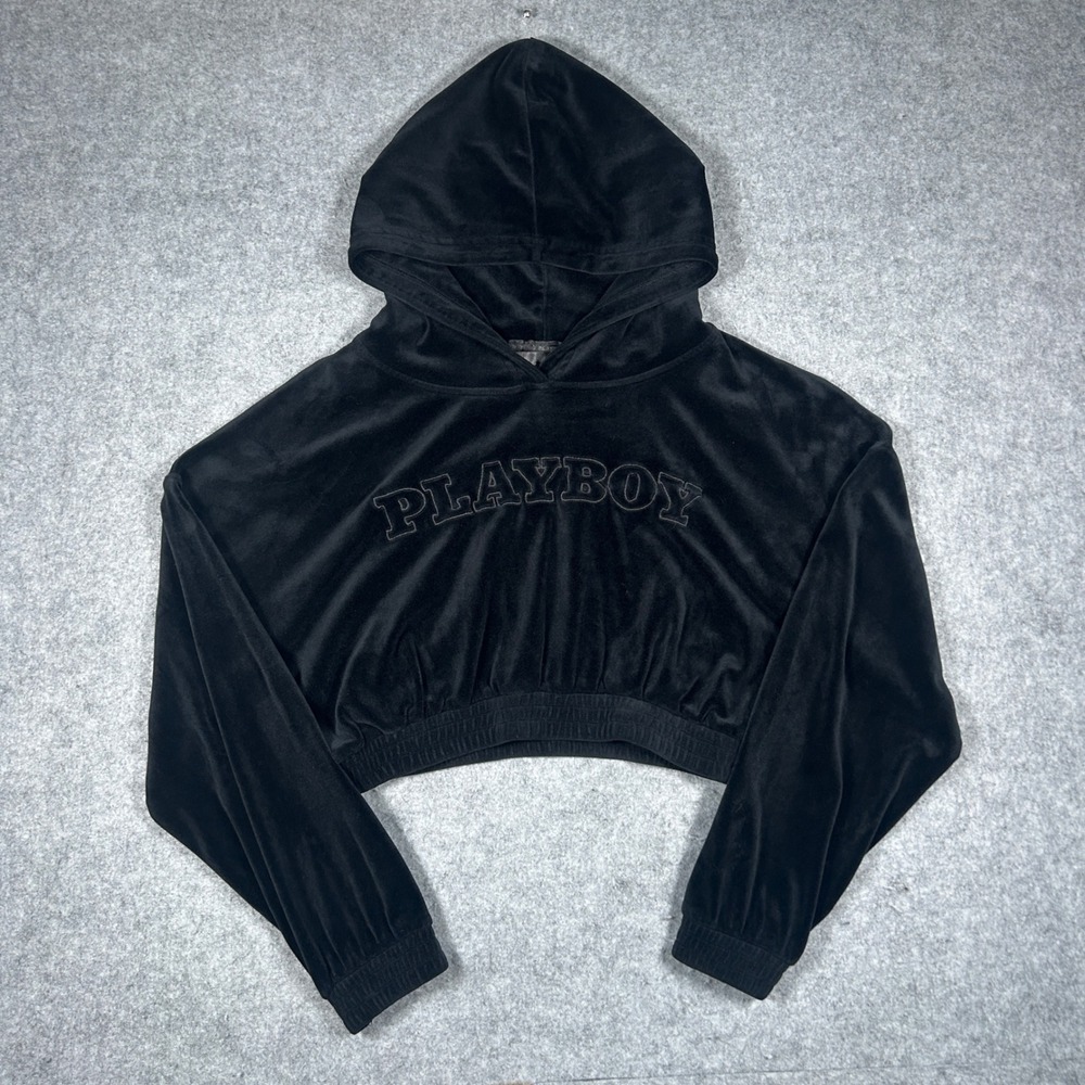 Playboy pullover Hoodie Womens Medium Black Velour Cropped y2k jumper streetwear